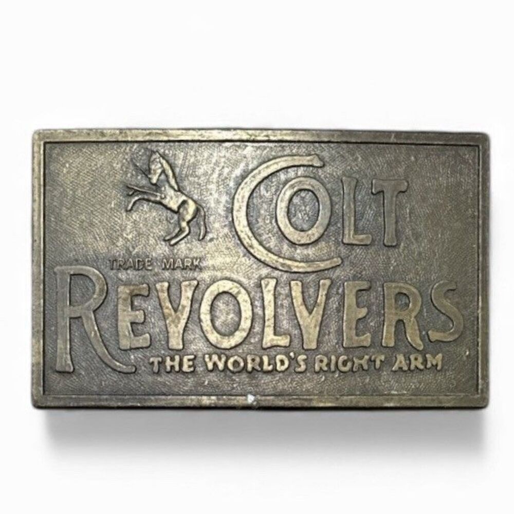 Vintage COLT REVOLVERS Belt Buckle Brass Western Cowboy Rodeo Pistol Horse